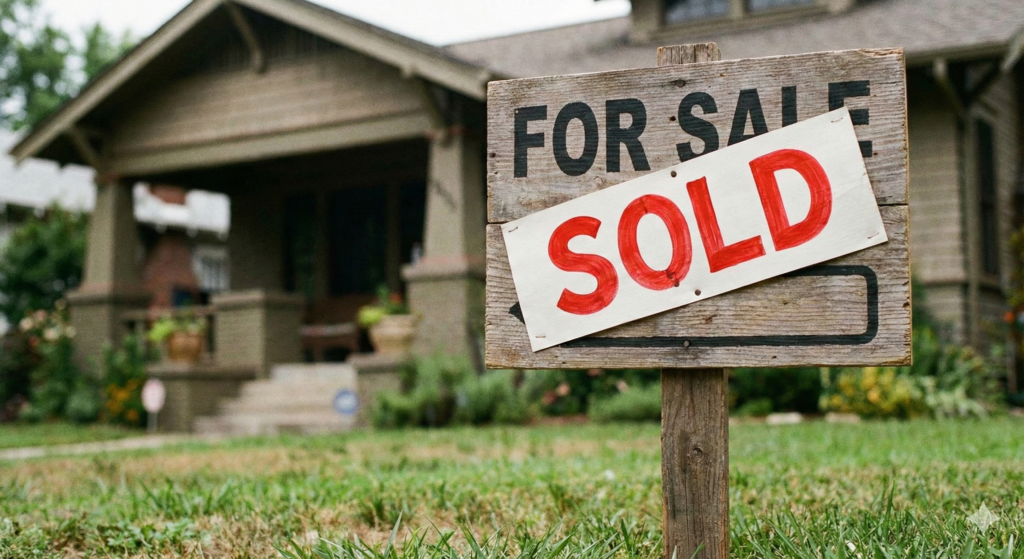 for sale sign in front of old house